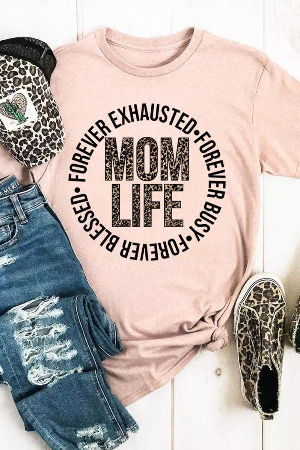Pink Mom Life Letter Leopard Print Short Sleeve T Shirt