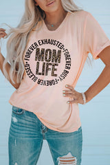 Pink Mom Life Letter Leopard Print Short Sleeve T Shirt