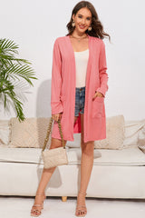 Pink Open Front Pocketed Knit Cardigan