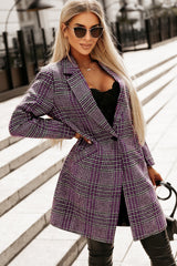 Pink Plaid Lapel Collar One Button Midi Coat