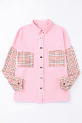 Pink Plaid Patchwork Raw Hem Shacket