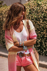 Pink Ribbed Short Sleeve Ombre Eyelet Knitted Cardigan