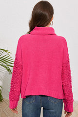 Pink Ribbed Turtleneck Fuzzy Sleeve Knit Sweater