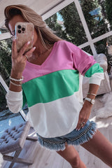 Pink Ribbed V Neck Color Block Patchwork Sweatshirt