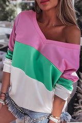 Pink Ribbed V Neck Color Block Patchwork Sweatshirt