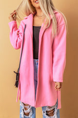 Pink Solid Color Buttoned Coat With Tie