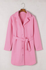 Pink Solid Color Buttoned Coat With Tie