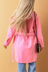 Pink Solid Color Buttoned Coat With Tie