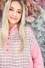 Pink Striped Tweed Patchwork Button Casual Hoodie