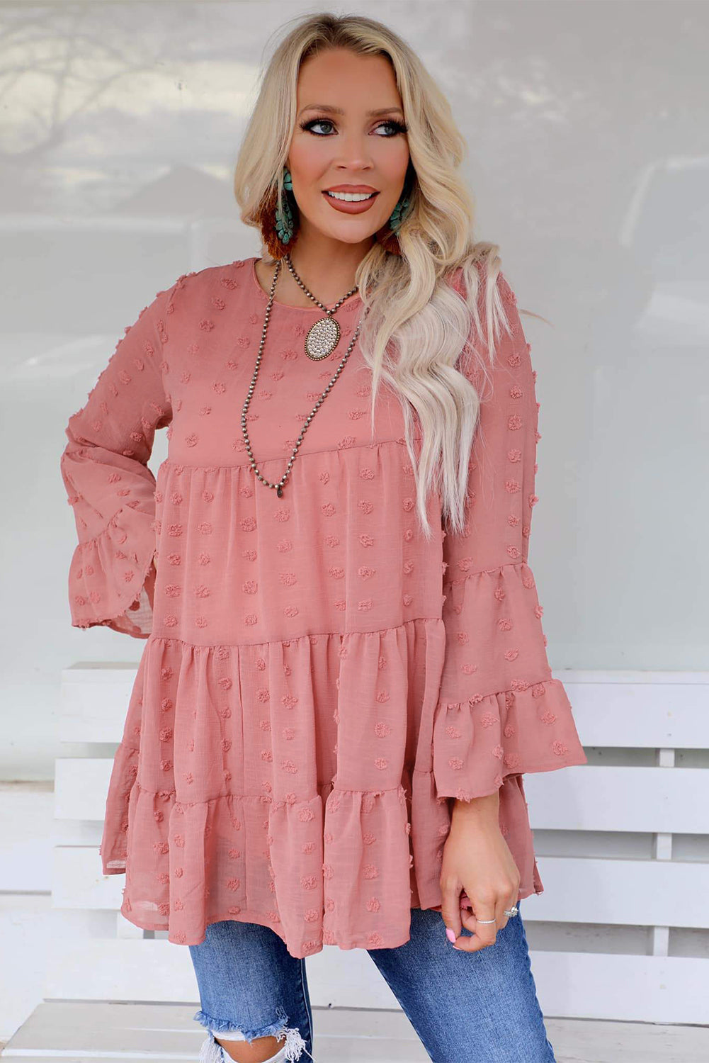 Pink Swiss Dot Ruffled Babydoll Blouse