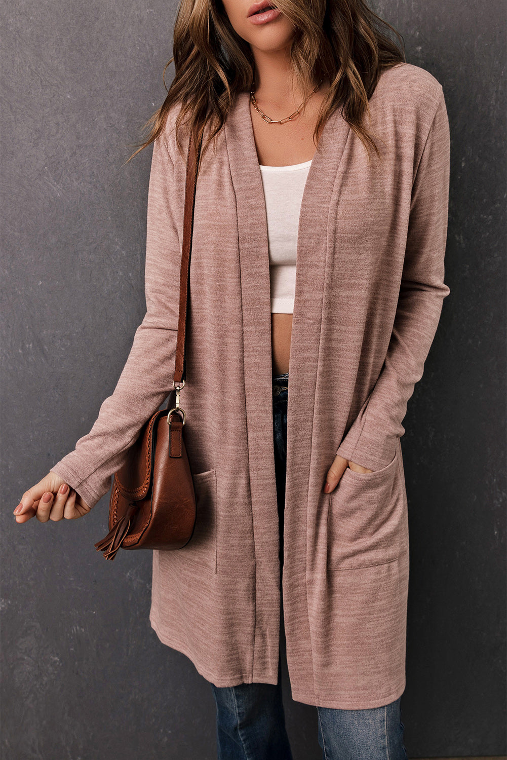 Pink Tunic Back Open Front Cardigan With Pockets