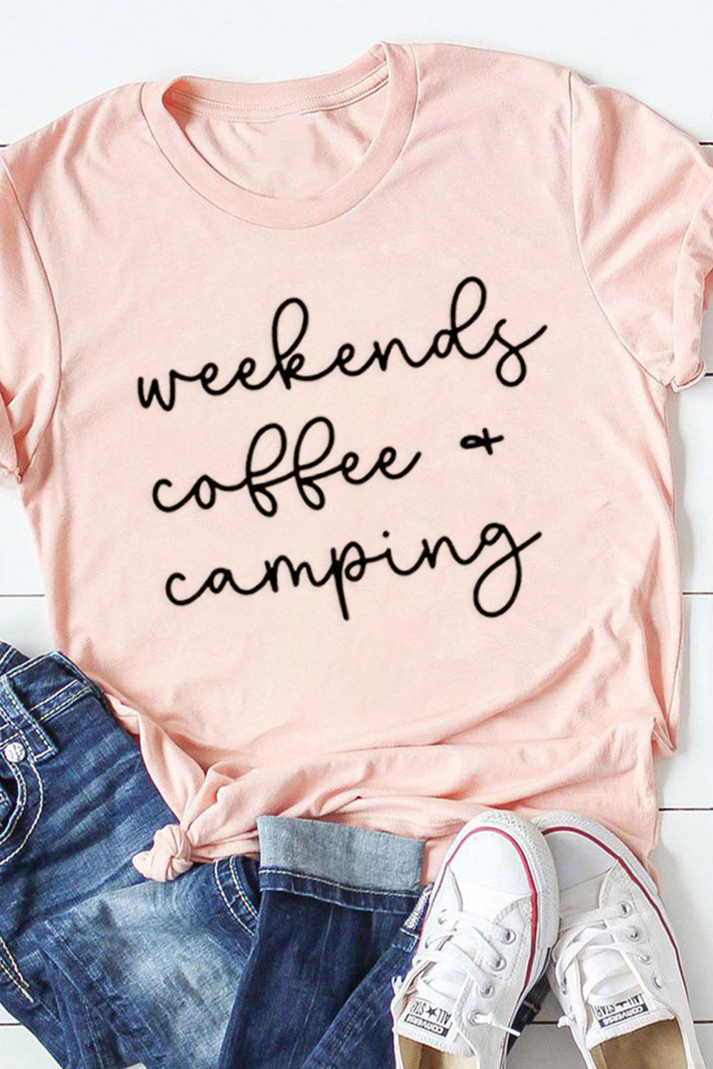 Pink Weekends Coffee & Camping Printed Short Sleeve T Shirt