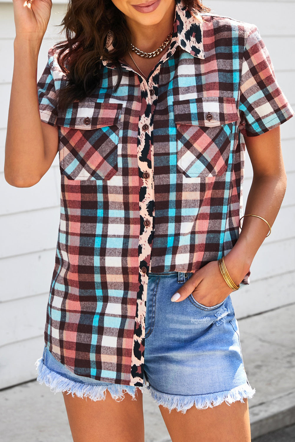 Plaid Leopard Patchwork Pocket Short Sleeve Shirt