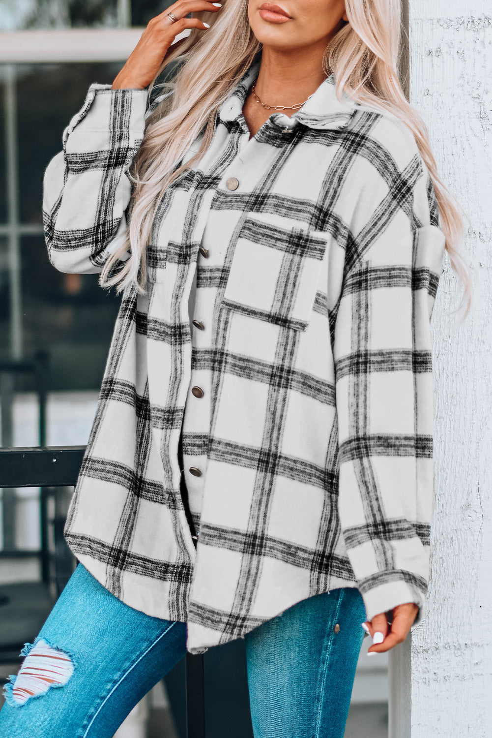 Plaid Pattern Buttoned Shirt Coat With Slits