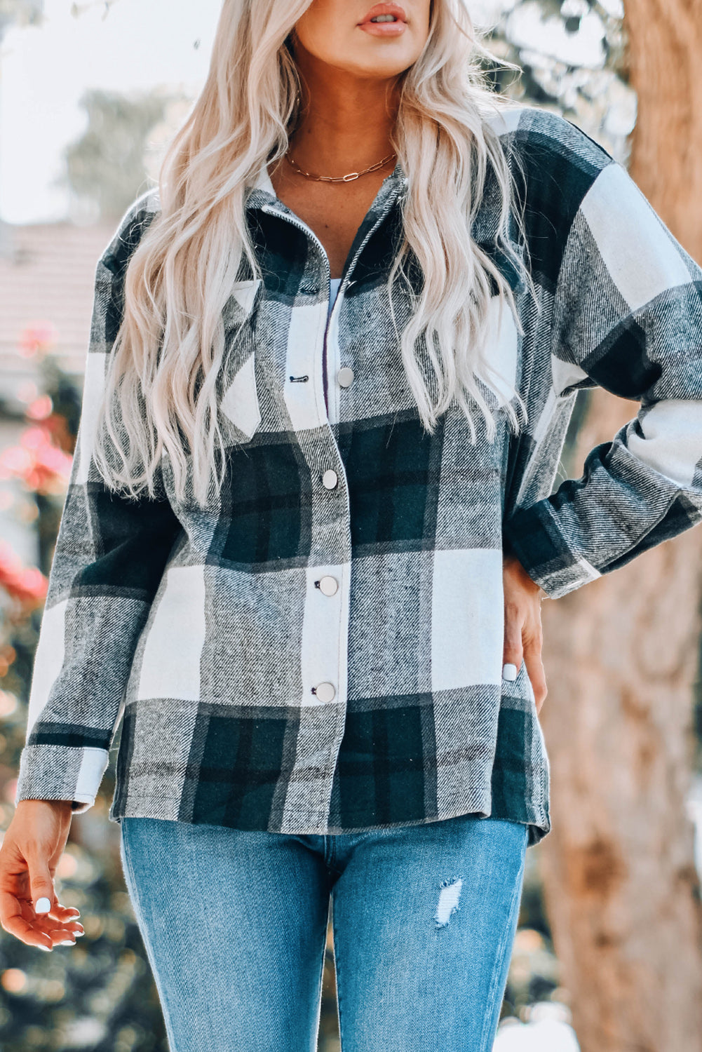 Plaid Print Buttoned Shirt Coat With Pocket