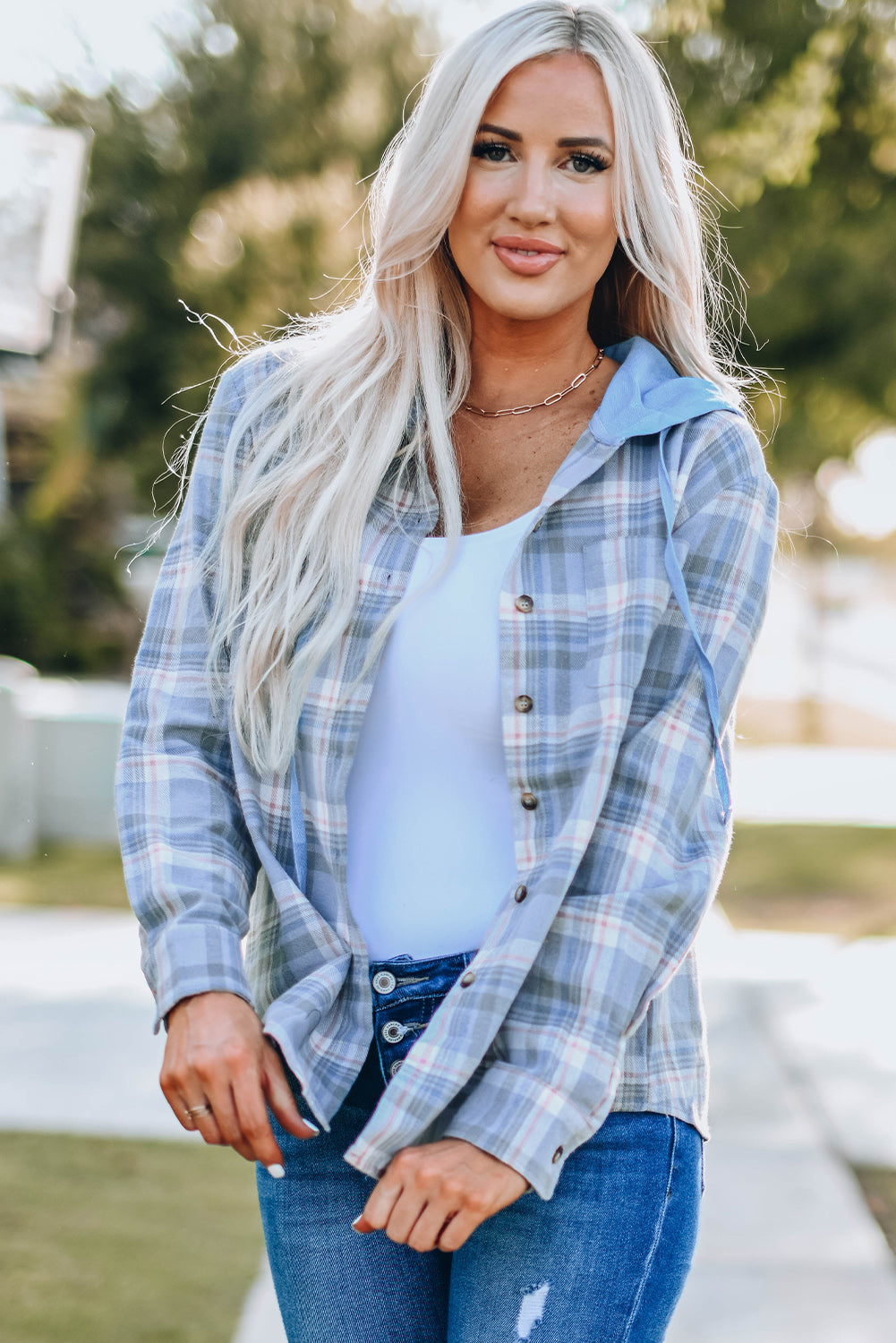 Plaid Print Pocket Drawstring Hooded Jacket