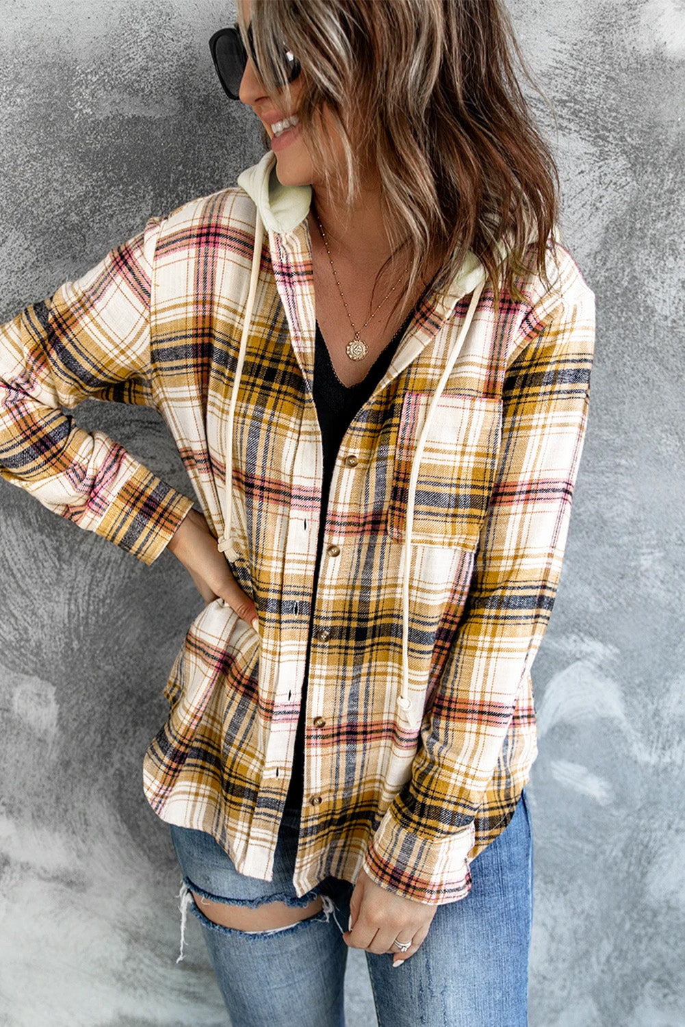 Plaid Print Pocket Drawstring Hooded Jacket