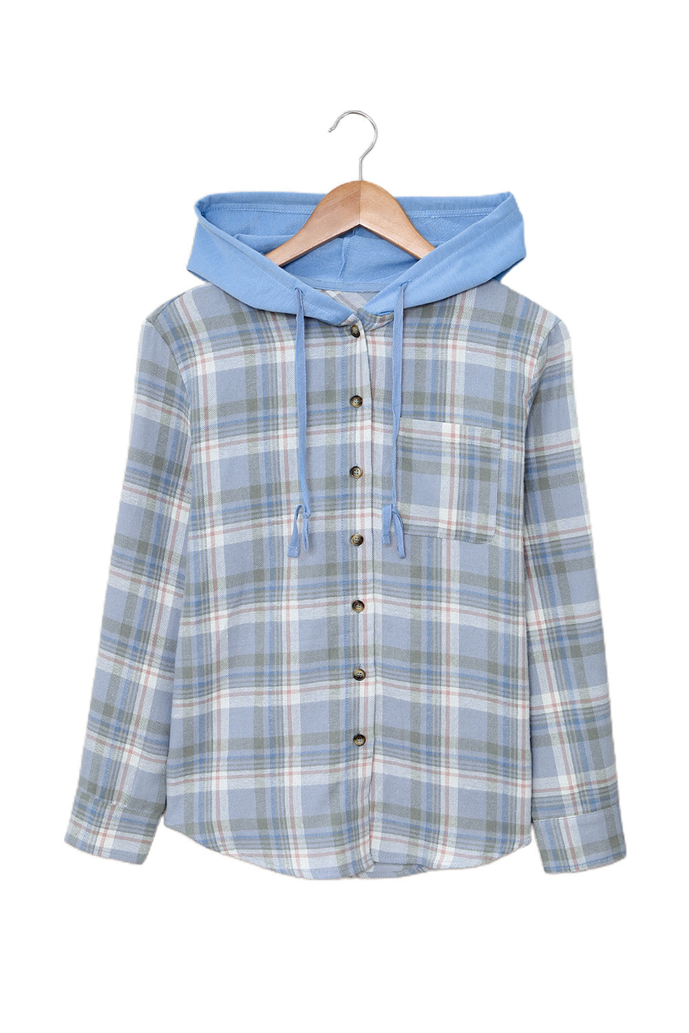 Plaid Print Pocket Drawstring Hooded Jacket