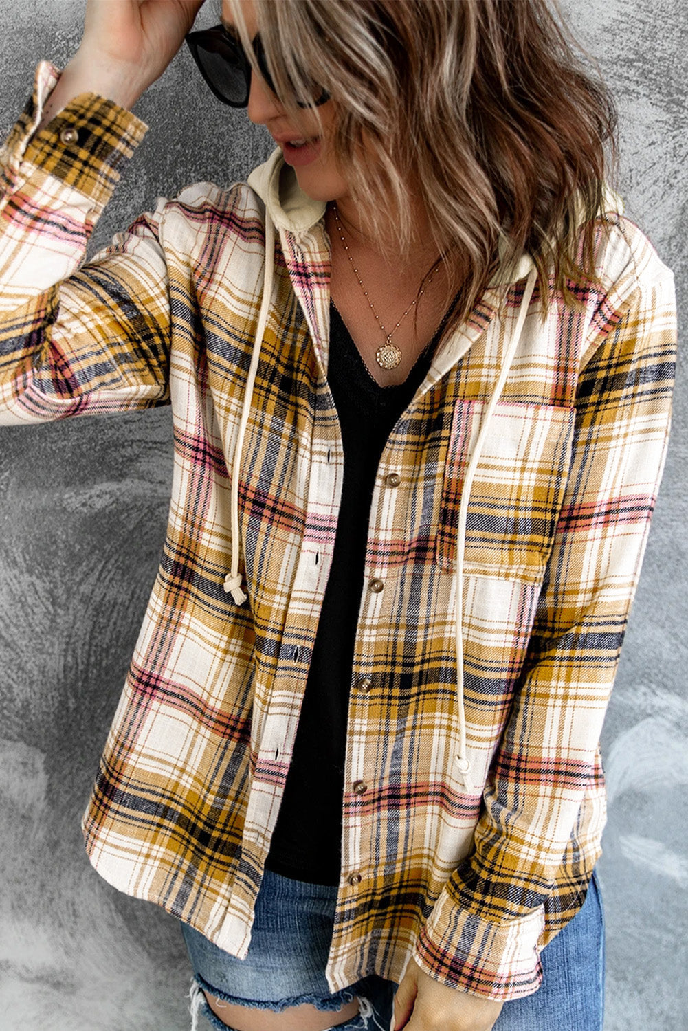 Plaid Print Pocket Drawstring Hooded Jacket