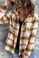 Plaid Print Pocket Drawstring Hooded Jacket
