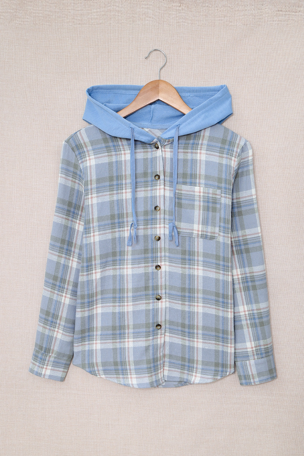 Plaid Print Pocket Drawstring Hooded Jacket