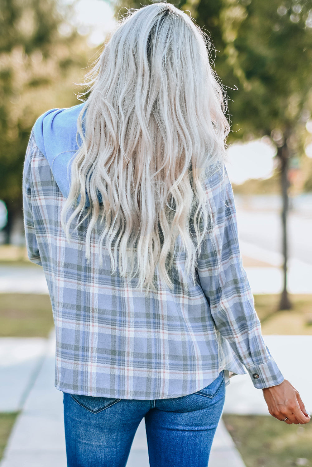 Plaid Print Pocket Drawstring Hooded Jacket