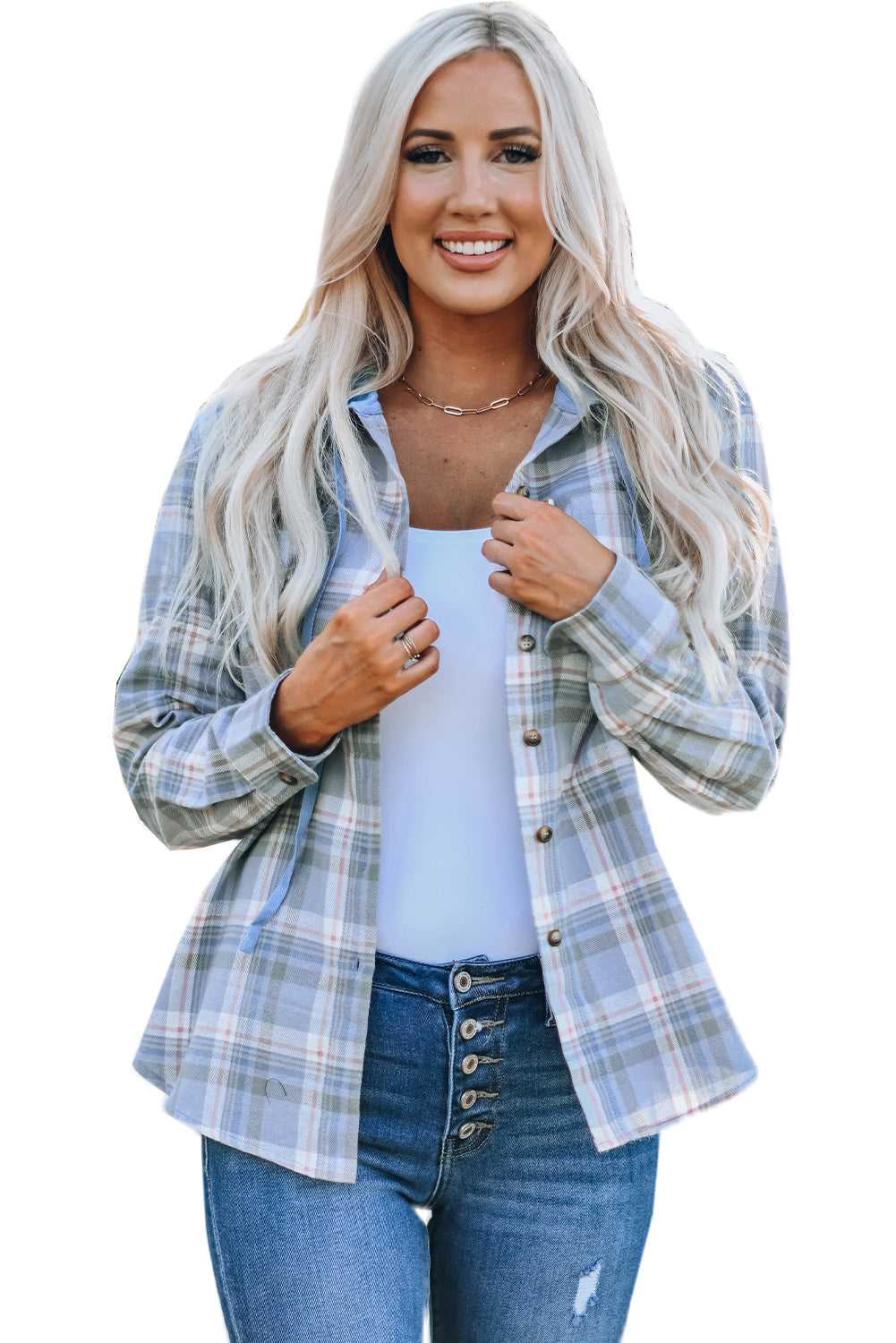 Plaid Print Pocket Drawstring Hooded Jacket