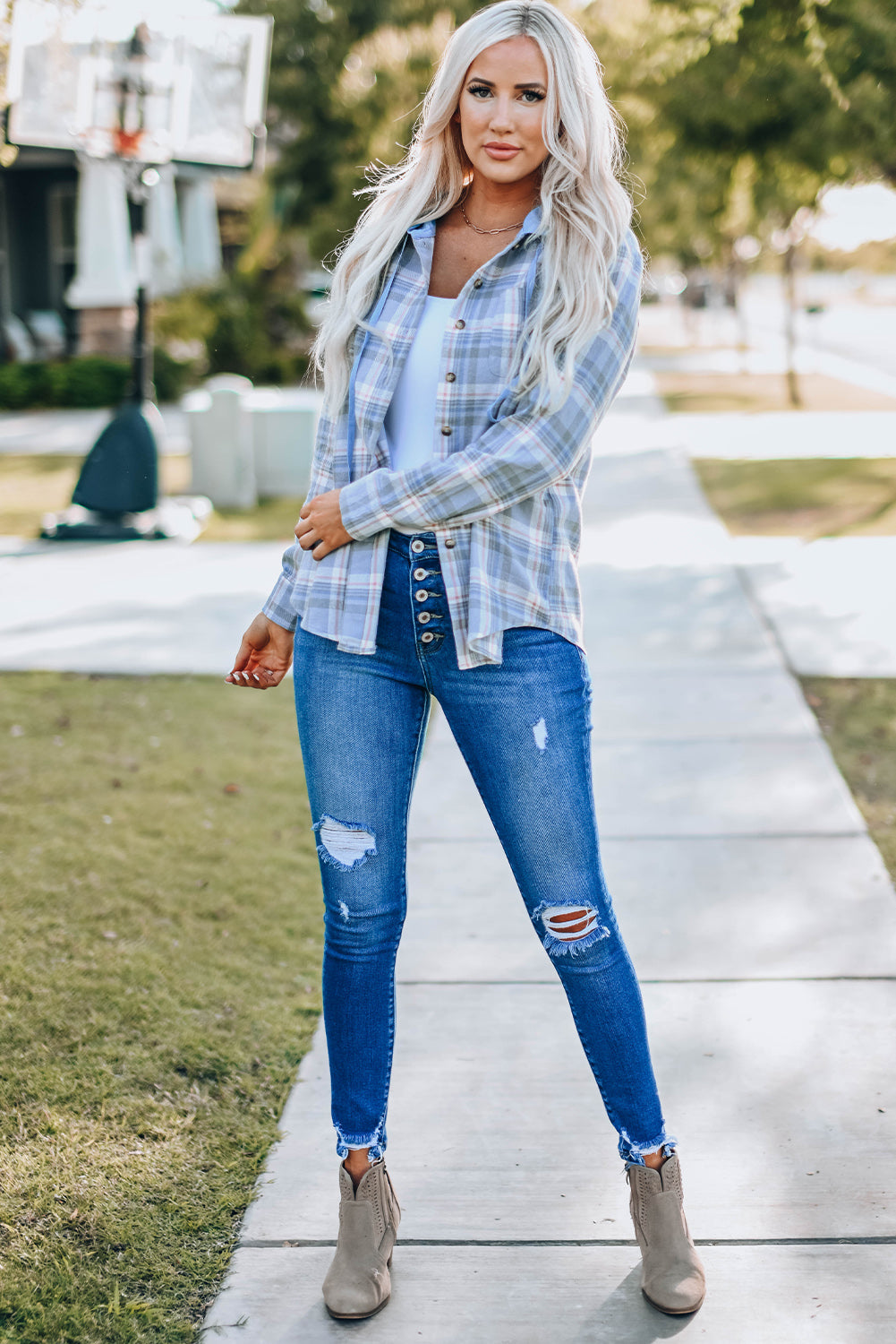 Plaid Print Pocket Drawstring Hooded Jacket