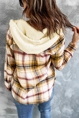 Plaid Print Pocket Drawstring Hooded Jacket