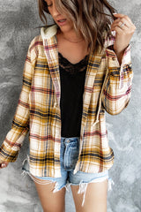Plaid Print Pocket Drawstring Hooded Jacket