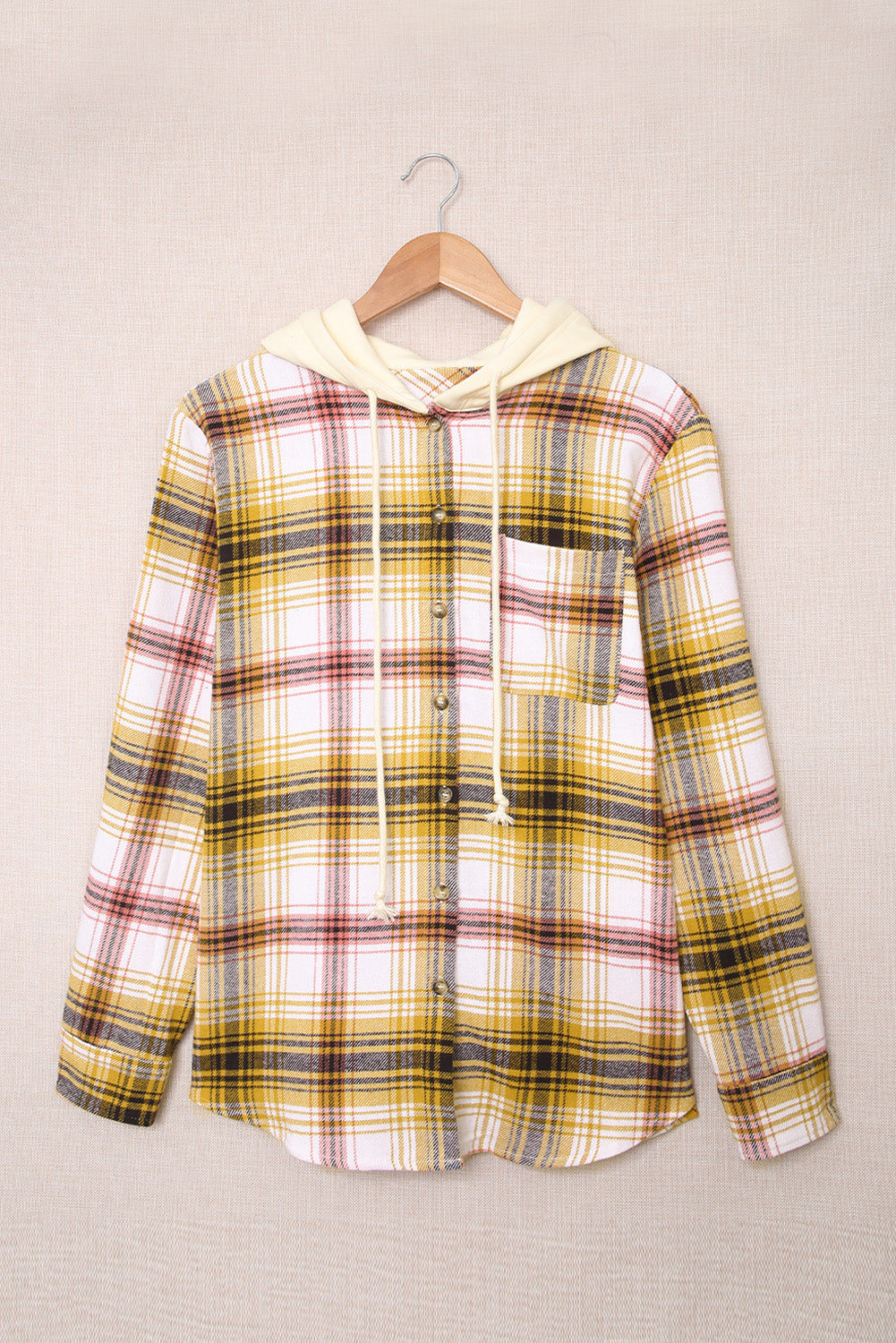 Plaid Print Pocket Drawstring Hooded Jacket