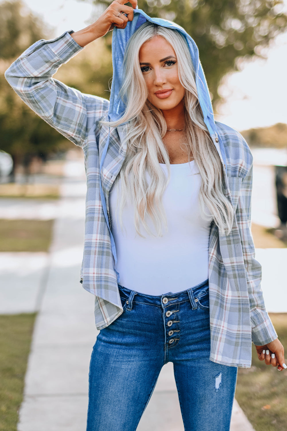 Plaid Print Pocket Drawstring Hooded Jacket