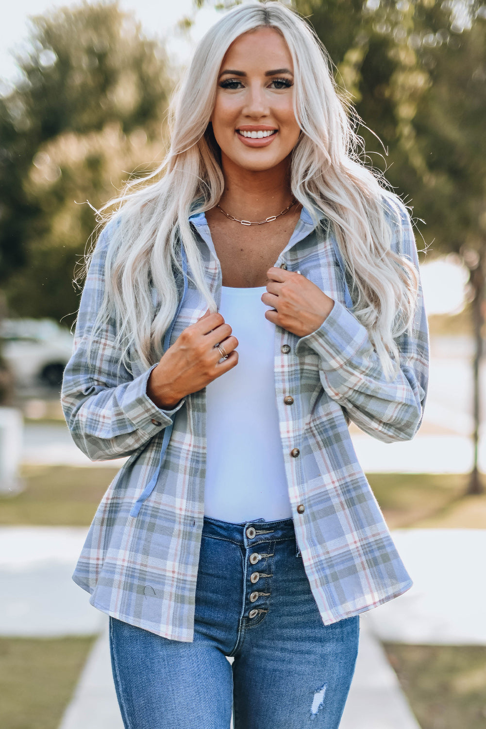Plaid Print Pocket Drawstring Hooded Jacket