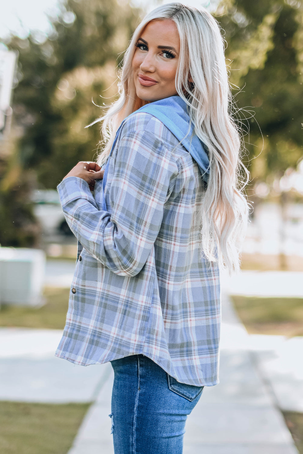 Plaid Print Pocket Drawstring Hooded Jacket