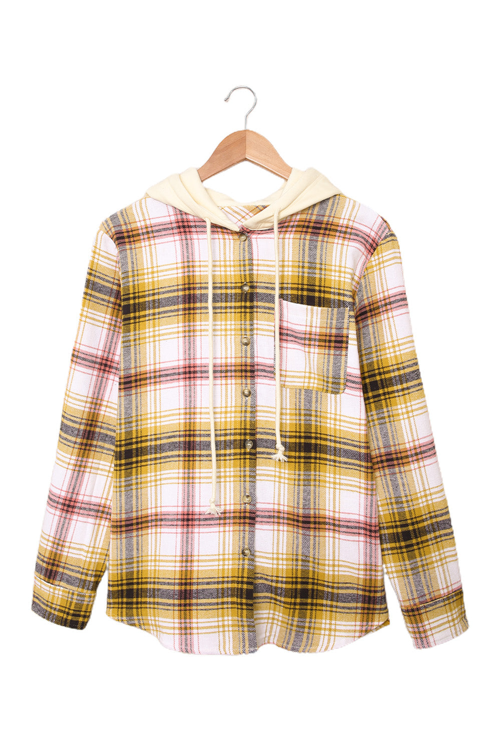 Plaid Print Pocket Drawstring Hooded Jacket