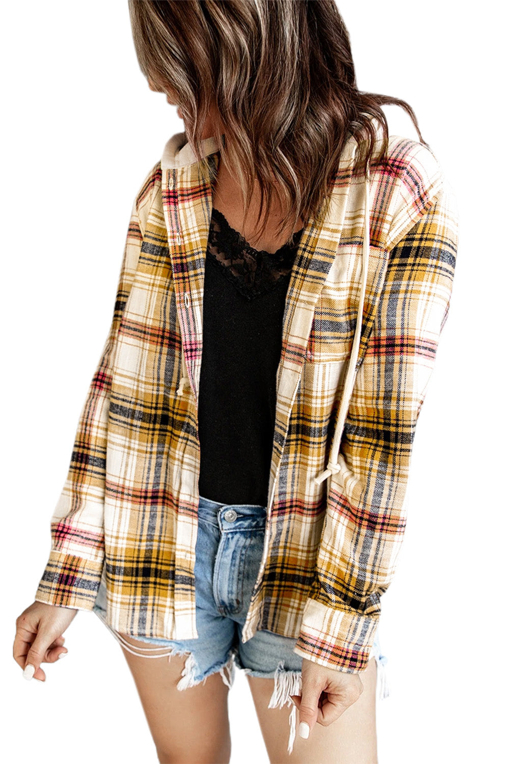 Plaid Print Pocket Drawstring Hooded Jacket
