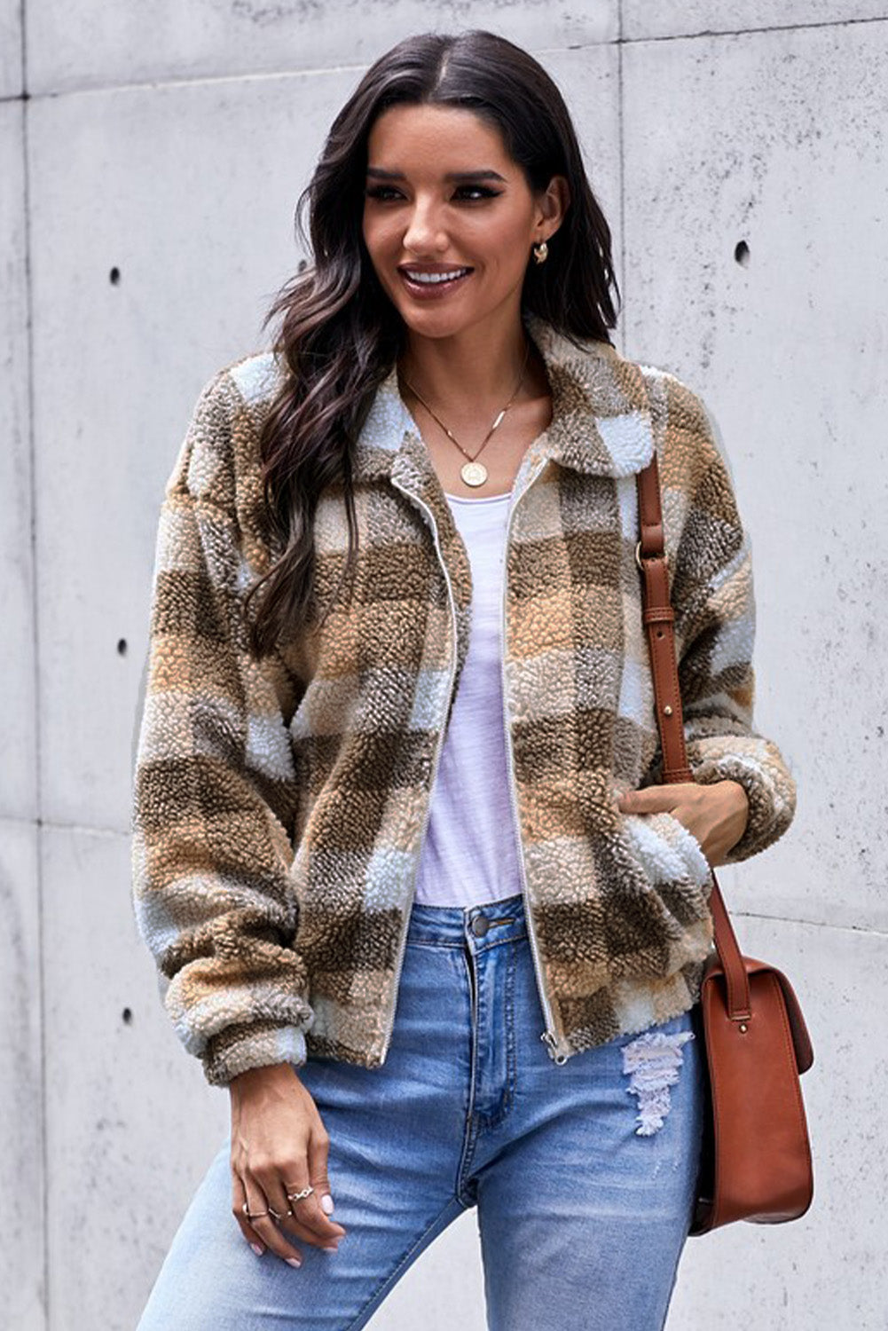 Plaid Print Sherpa Jacket Coat
