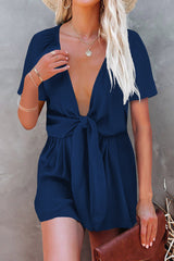 Plunge V Neck Knotted Short Sleeves Romper