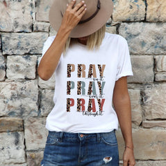 Pray Leopard Letter Print Short Sleeve T-Shirt