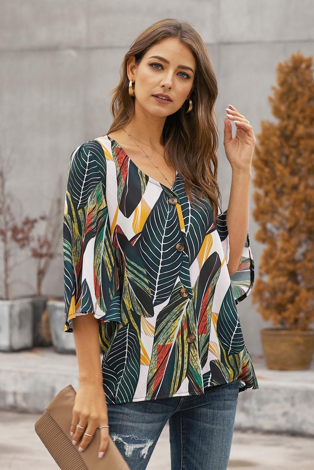 Print Button Down Blouse