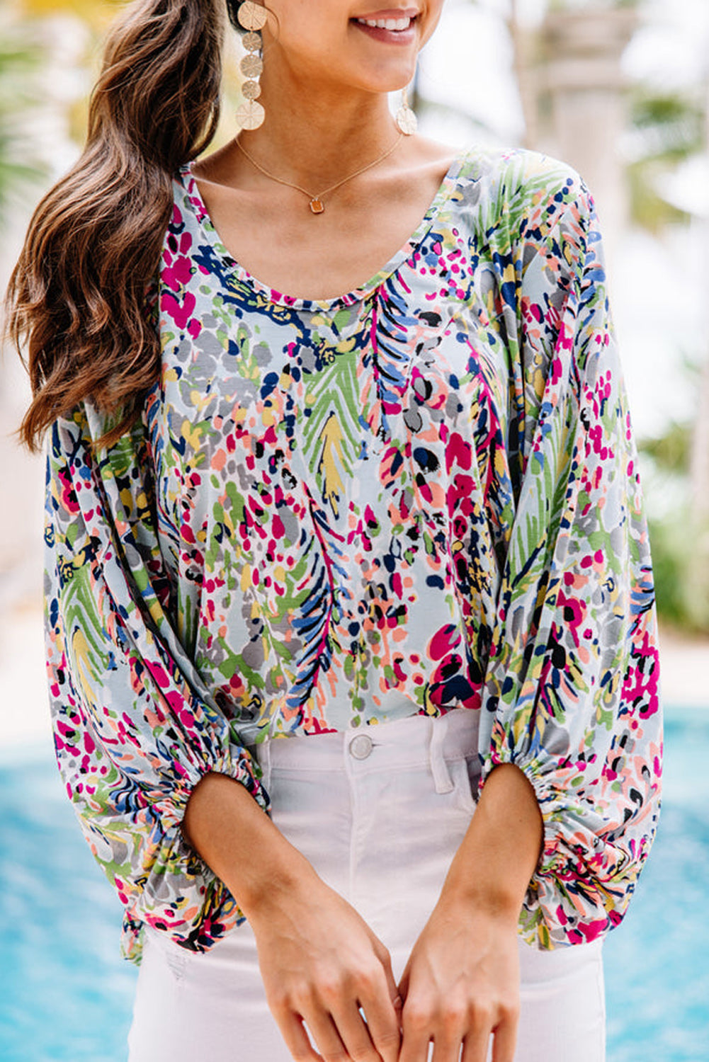 Print Puffy Sleeve Loose Blouse