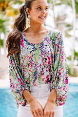 Print Puffy Sleeve Loose Blouse