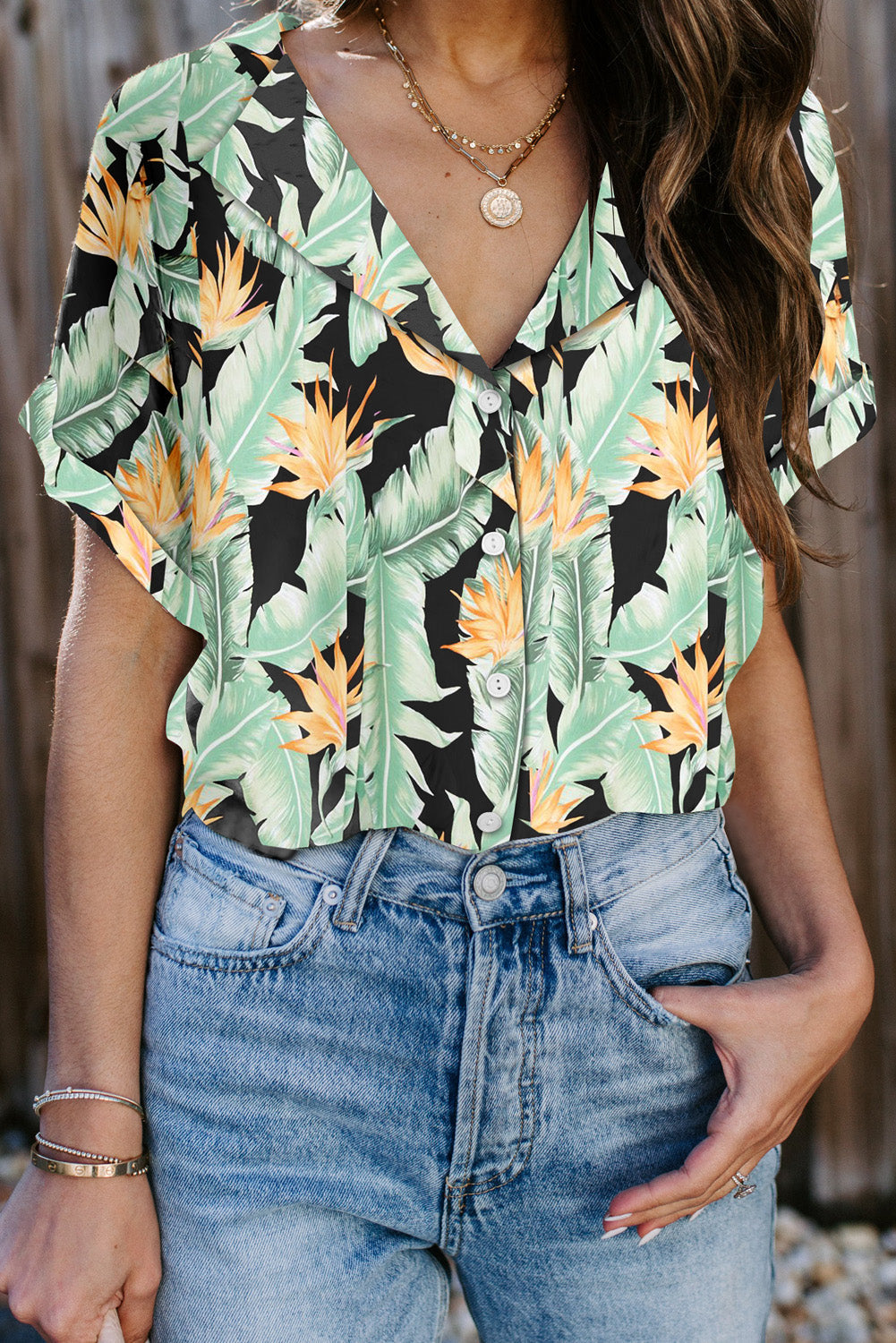 Printed Button Front Top