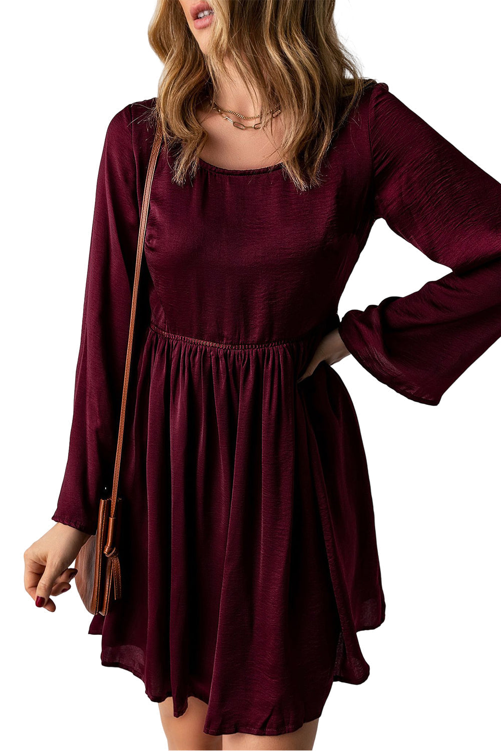 Purple Buttoned Sheer Lace Back Long Sleeve Dress