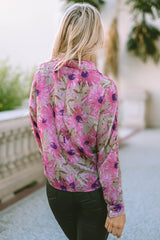 Purple Floral Print Button Up Puff Sleeve Shirt