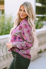 Purple Floral Print Button Up Puff Sleeve Shirt