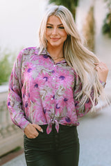 Purple Floral Print Button Up Puff Sleeve Shirt