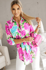 Purple Floral Print Lace-up Roll Tab Sleeve Tunic Shirt