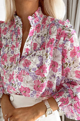 Purple Frilled Collar Shirred Yoke Floral Bubble Sleeve Shirt