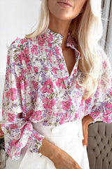 Purple Frilled Collar Shirred Yoke Floral Bubble Sleeve Shirt
